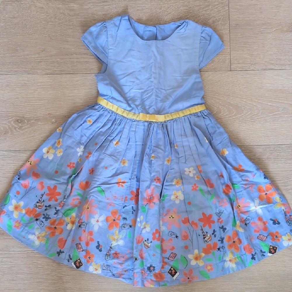Floral Blue Kids Dress with Yellow Accents
